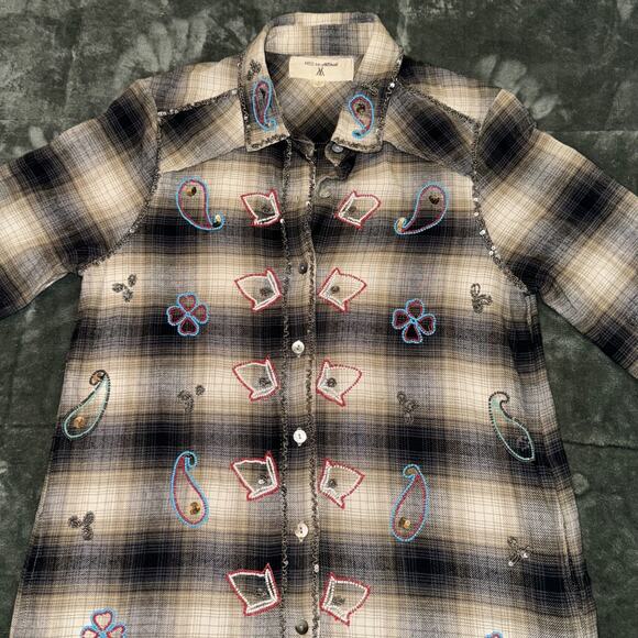 Miss Me Vintage Shirt Dress Women’s Small Brown Black Plaid Embroidered Beaded - Picture 7 of 11